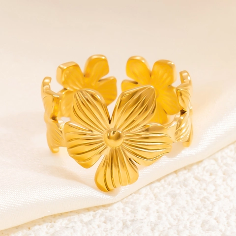 Anillo de Acero Inoxidable para Mujer Chapado en Oro 18K Abierto Ajustable Flor Hoja de Monstera Joyería de Moda