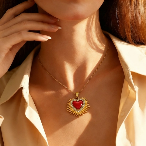 Collana Con Pendente a Cuore in Smalto Rosso Acciaio Inossidabile Placcato Oro 18K Vintage Per Donna Gioielli Ipoallergenici