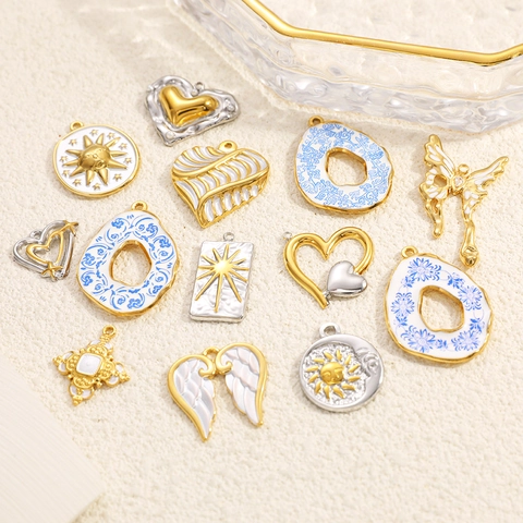 Stainless Steel DIY Jewelry Pendants Heart Sun Butterfly Wing Blue And White Porcelain Enamel Gold Plated Necklace Charms