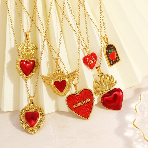 Collana Con Pendente a Cuore in Smalto Rosso Acciaio Inossidabile Placcato Oro 18K Vintage Per Donna Gioielli Ipoallergenici