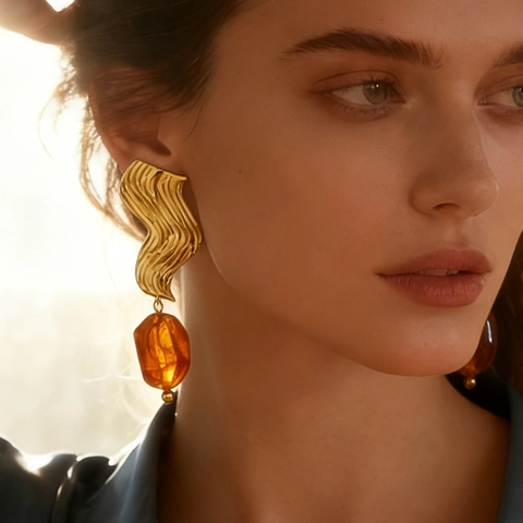 Orecchini a Goccia in Acciaio Inossidabile a Onda Irregolare Vintage Placcati Oro 18K Ciondolo Geometrico in Resina Ambra per Donna Gioielli
