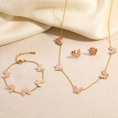 Schmetterling Edelstahl Halskette Armband Ohrringe 18K Vergoldet Farbverlauf Emaille Pink Lila Schmuck Für Damen