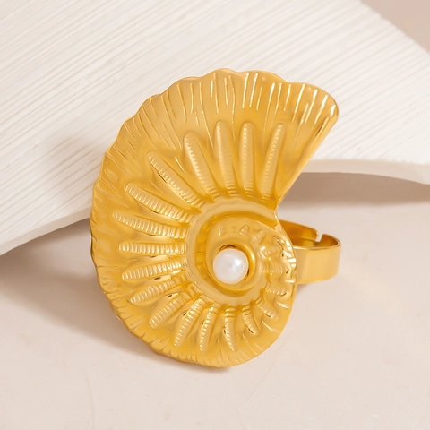 Anello Vintage in Acciaio Inossidabile con Conchiglia a Spirale per Donna Placcato Oro Perla Artificiale Regolabile Statement Gioielli di Moda