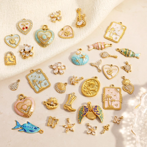 Stainless Steel DIY Jewelry Pendants Enamel Heart Flower Fish Moon Star Charms Gold Plated Zirconia Pendants For Necklace