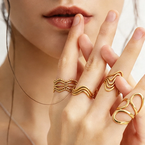 Edelstahl 18K Vergoldeter Verstellbarer Wellenring Für Damen Wasserdichter Modeschmuck Minimalistischer Offener Ring Geschenk