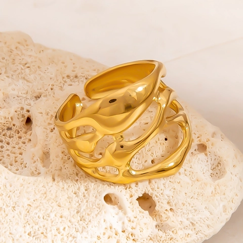 Edelstahl 18K Vergoldeter Verstellbarer Wellenring Für Damen Wasserdichter Modeschmuck Minimalistischer Offener Ring Geschenk