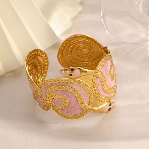 Vintage Edelstahl Schlange Wickelarmreif Für Damen 18K Vergoldet Emaille Tierdesign Künstlerisch Verstellbarer Armreif