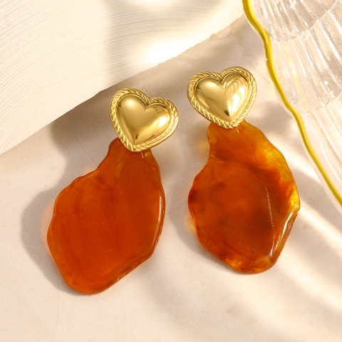 Stainless Steel 18K Gold Plated Heart Irregular Amber Resin Pendant Drop Earrings Vintage Bohemian Jewelry For Women