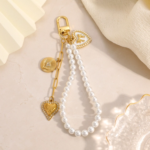 Catena per Borsa in Acciaio Inossidabile con Perle Artificiali Cuore Decorazione Placcato Oro 18K Strass Accessori per Borse Donna Gioielli