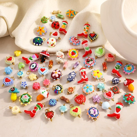 Stainless Steel Enamel DIY Pendants Heart Flower Mushroom Boots Fruit Colorful Charms For Jewelry Making Accessories