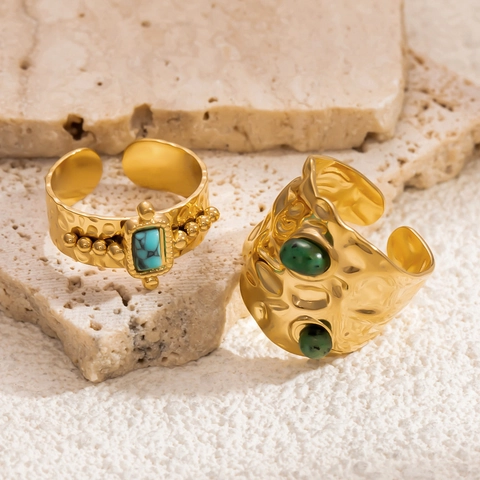 Vintage Stainless Steel Ring Gold Plated Natural Stone Inlaid Sunflower Geometric Adjustable Open Ring Bohemian Jewelry For Women