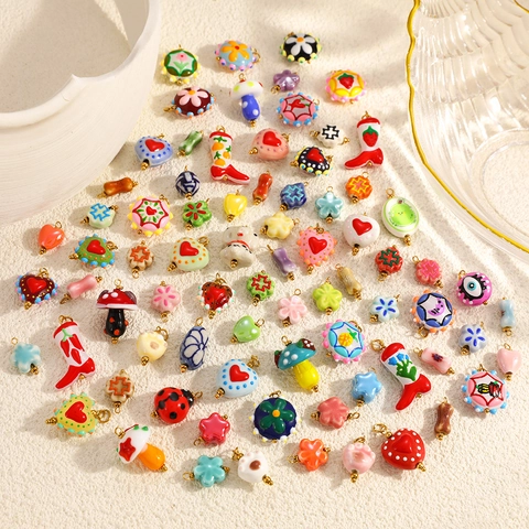 Hand-painted Ceramic Heart Flower Star Shape Stainless Steel Pendant DIY Jewelry Accessory Colorful Cartoon Charms