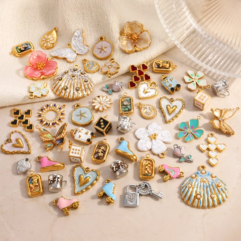 Stainless Steel DIY Jewelry Pendants 18K Gold Plated Heart Cross Flower Butterfly Shell Charms For Necklace Making Women