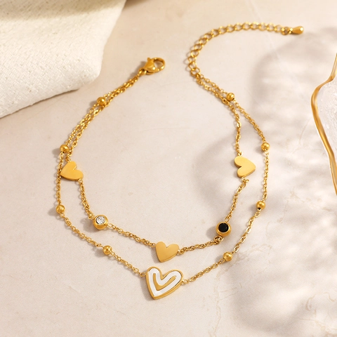 Tobillera de Corazón de Acero Inoxidable de Doble Capa para Mujer Chapado en Oro Diamantes de Imitación Esmalte Colgante de Corazón Tobillera Ajustable Regalo de San Valentín