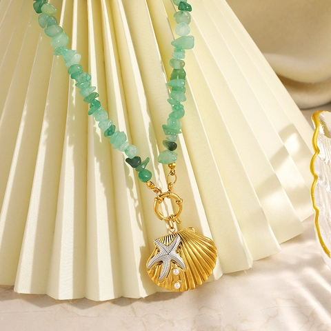Collier Pendentif Étoile de Mer Coquillage en Acier Inoxydable Avec Perles en Pierre Naturelle Plaqué Or 18K Bijoux Femme