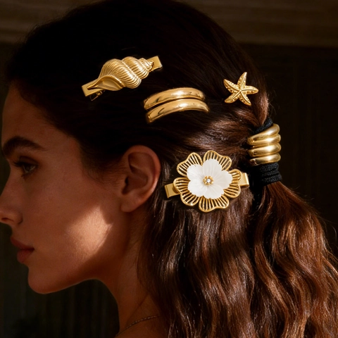 Minimalistische Roestvrijstalen Zeester Schelp Bloem Haarspelden Verguld Hypoallergeen Ponytail Cuff Haarringen Vrouwen Accessoires