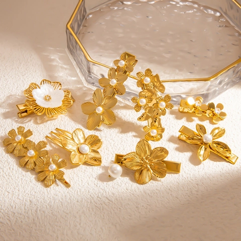 Eleganti Fermagli per Capelli a Fiore in Acciaio Inossidabile Con Perla Artificial Strass Placcati Oro 18K Accessori Vintage Donna