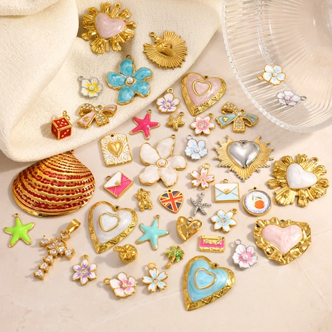 Stainless Steel Pendants DIY Jewelry Accessories Heart Flower Envelope Starfish Enamel Rhinestone Charms For Women