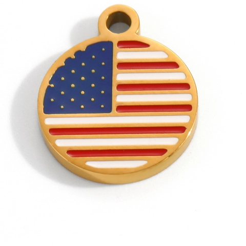 18K Gold Plated Stainless Steel National Flag Enamel Round Coin Pendant For DIY Jewelry Making Necklace Accessories Waterproof Hypoallergenic Men Women