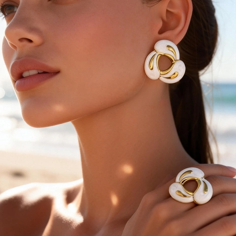 Stainless Steel Enamel Abstract Vortex Earrings Ring 18K Gold Plated Waterproof Water Drop Jewelry Set For Women Daily Party