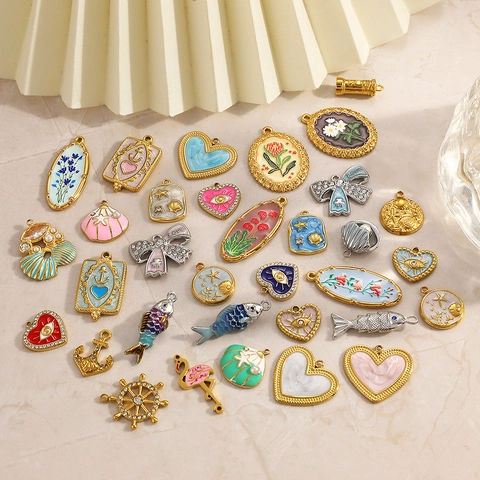 Stainless Steel DIY Jewelry Heart Flower Butterfly Bow Evil Eye Flamingo Shell Enamel Pendant For Necklace Making Women