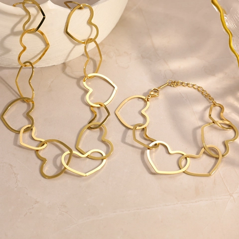 Bracelet Collier à Maillons Cœur en Acier Inoxydable Étanche pour Femmes Plaqué Or 18K Strass Bijoux de Mode Minimaliste