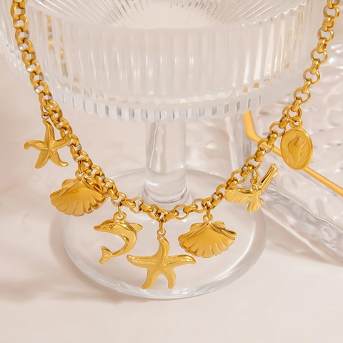Edelstahl Ozean Seestern Muschel Anhänger Halskette Gold Überzogene Künstliche Perle Charme Halskette Für Damen Strand Schmuck