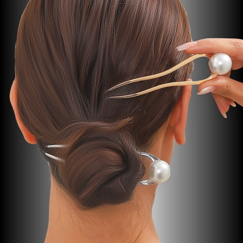 Minimalist U-Shaped Alloy Hair Stick With Artificial Pearl Elegant Electroplated Hair Fork For Women Hair Accessories