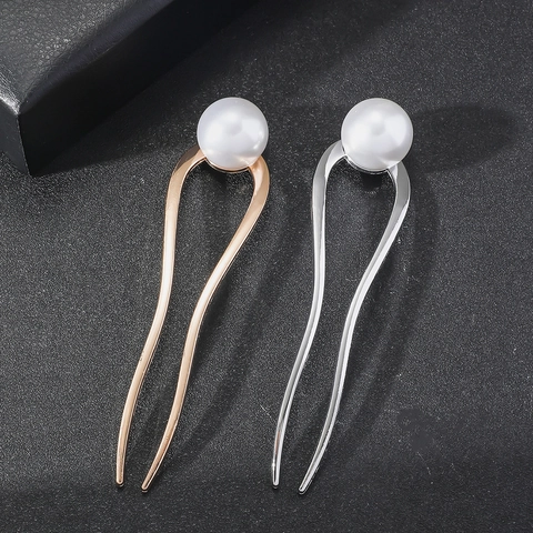 Minimalist U-Shaped Alloy Hair Stick With Artificial Pearl Elegant Electroplated Hair Fork For Women Hair Accessories