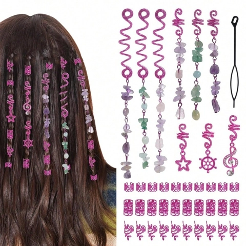 Ensemble d'Accessoires pour Dreadlock en Alliage Rose Rouge Avec Pierre Naturelle Strass Étoile Note Feuille Charmes Perles de Cheveux pour Femme