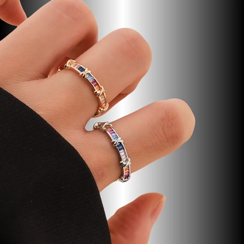 Bague Ouverte en Cuivre de Luxe avec Zirconia Coloré Pierres Arc-en-ciel Croix en X Réglable Bijoux de Mode Femme Bague