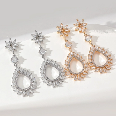 Elegante Kupfer Zirkonia Wassertropfen Blume Hängeohrringe Für Damen Luxuriöse Marquise Schliff Strass Hochzeit Schmuck