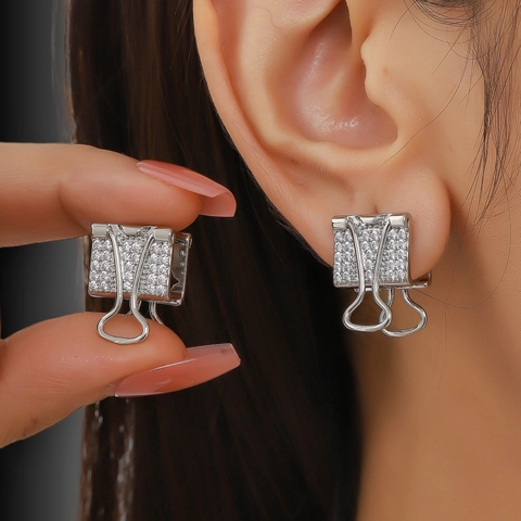 Creative Binder Clip Shape Stud Earrings For Women Copper Inlaid Zirconia Unique Fashion Jewelry Gold Silver Earrings