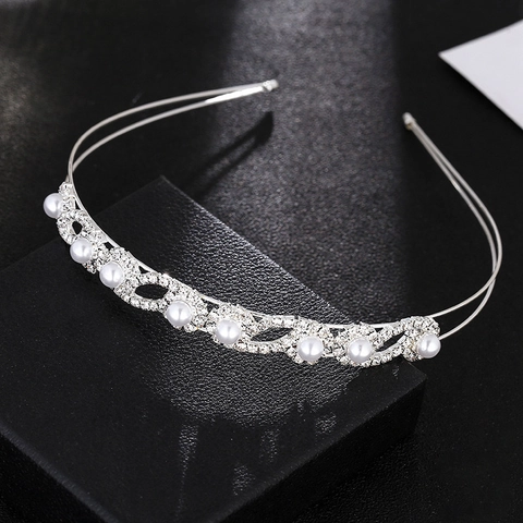 Elegante Cerchietto da Sposa Argento con Strass e Perle Artificiali Doppio Strato Fiocco Fiore Accessori Matrimonio Donna
