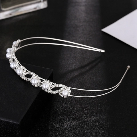 Elegante Cerchietto da Sposa Argento con Strass e Perle Artificiali Doppio Strato Fiocco Fiore Accessori Matrimonio Donna