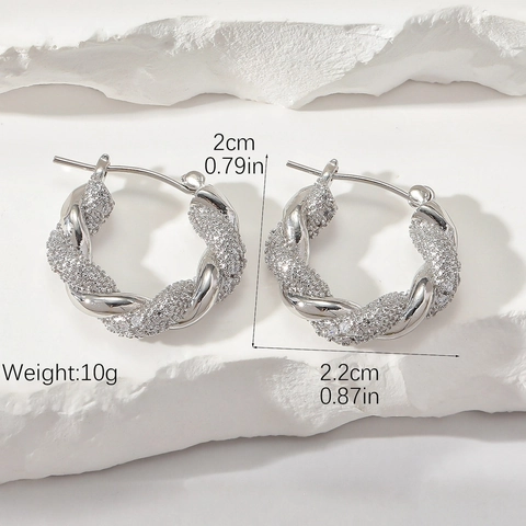 Luxury Copper Twisted Hoop Earrings With White Zirconia Stainless Steel Earring Post Geometric Earrings For Women Party Jewelry