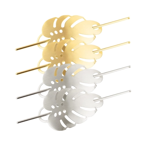 Bastoncino per Capelli in Lega con Foglia di Monstera Svuotata Forcina in Metallo Spazzolato Vintage Oro Argento Accessori Capelli Donna