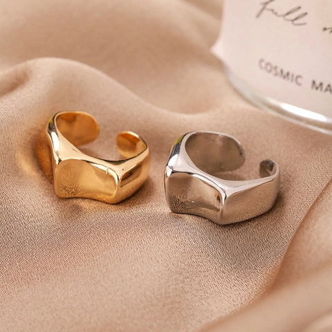 Retro Irregular Geometric Liquid Metal Open Ring For Women Elegant Copper Adjustable Finger Ring Minimalist Fashion Jewelry