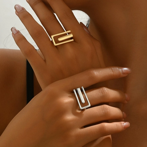 Minimalist Geometric Hollow Copper Ring For Women Electroplated U-Shaped Letter E Open Finger Ring Trendy Fashion Jewelry