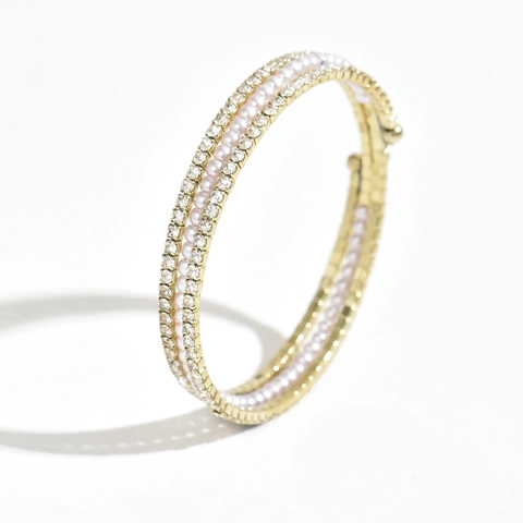 Luxury Faux Artificial Pearl Rhinestone Bangle For Women Wedding Jewelry Elegant Multi Row Spiral Wrap Bracelet Gold Silver Hand Accessory