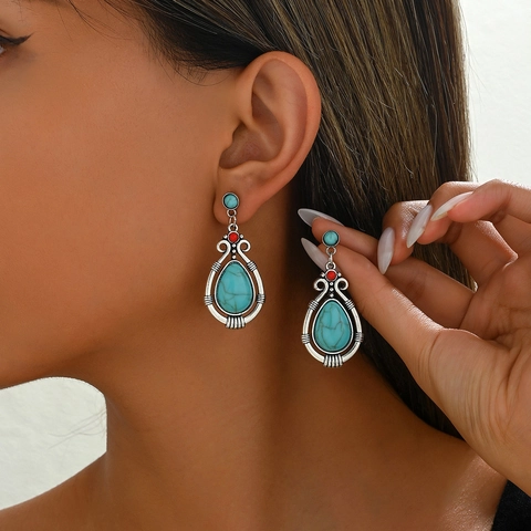 Bohemian Teardrop Earrings Antique Silver Alloy Synthetic Turquoise Red Beads Ethnic Dangle Stud Earrings For Women Gift