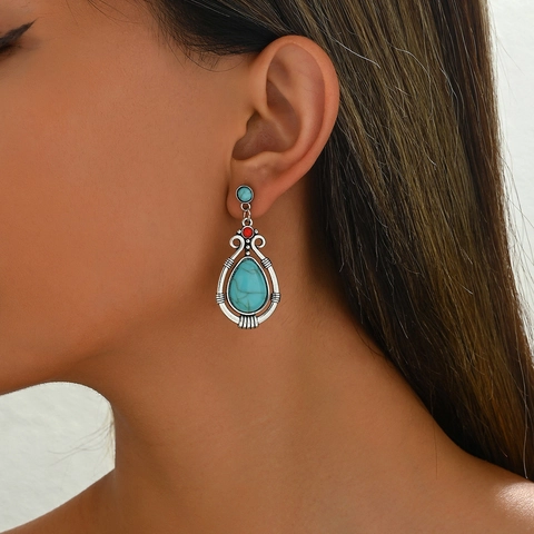 Bohemian Teardrop Earrings Antique Silver Alloy Synthetic Turquoise Red Beads Ethnic Dangle Stud Earrings For Women Gift