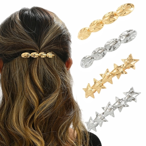 Pinzas para el Cabello Minimalistas de Metal con Estrella y Óvalo Martillado para Mujer Clip de Resorte de Oro y Plata Horquillas Geométricas Tocado de Moda