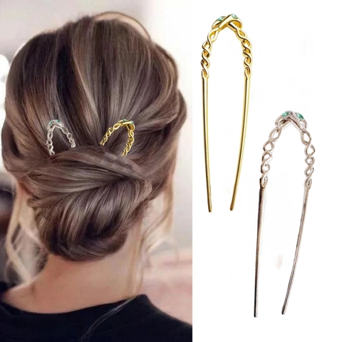 Bastoncino per Capelli in Metallo a Forma di U Vintage per Donna Elegante Forcina a Serpente Intrecciata con Strass Verdi