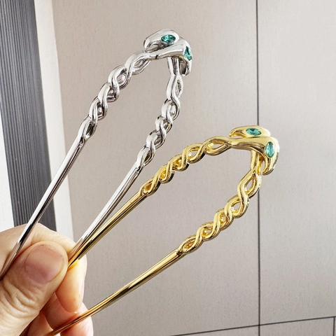 Bastoncino per Capelli in Metallo a Forma di U Vintage per Donna Elegante Forcina a Serpente Intrecciata con Strass Verdi