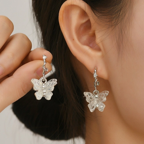 Elegantes Pendientes de Botón de Mariposa de Aleación con Strass para Mujer Resina Translúcida Estilo Bosque Joyería Dulce Accesorios de Moda Regalo