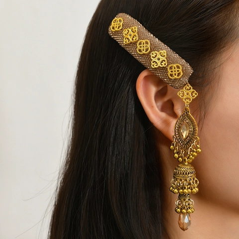 Ethno-Stil Handgefertigte Perlen Quasten Haarspange Für Damen Retro Gold Zinklegierung Strass Jhumka Haarschmuck