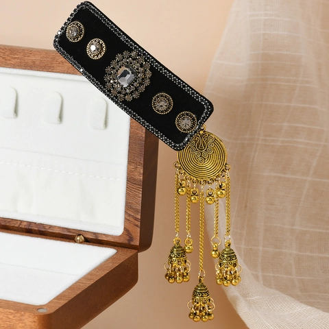 Pinza para el Cabello Étnica Vintage con Campanas Terciopelo Negro Aleación de Zinc Diamantes de Imitación para Mujer Viaje Fiesta