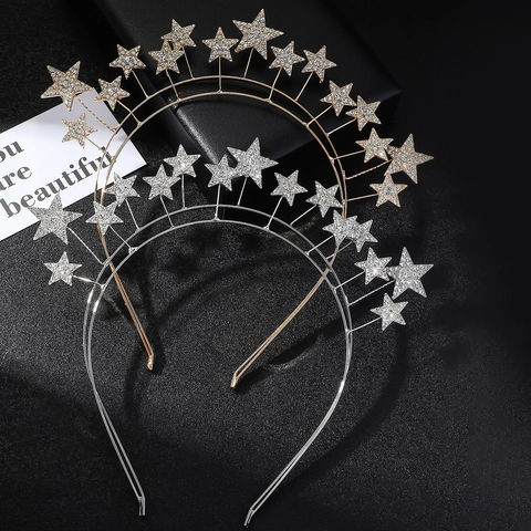 Diadema de Doble Capa con Estrellas de Aleación de Zinc y Strass Elegante Tocado de Novia Moda Party Queen Accesorios para el Cabello Oro Plata
