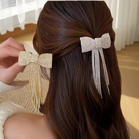Elegante Pinza para el Pelo con Lazo y Borla Larga de Strass Accesorio para el Cabello de Aleación de Zinc Lujo Mujer Boda